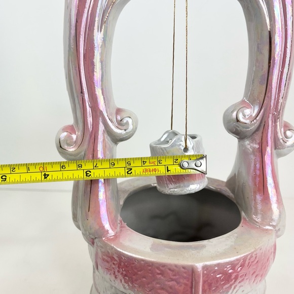 Vintage Mid Century Lusterware Pink Floral Wishing Well Planter & Water Bucket - Picture 8 of 16